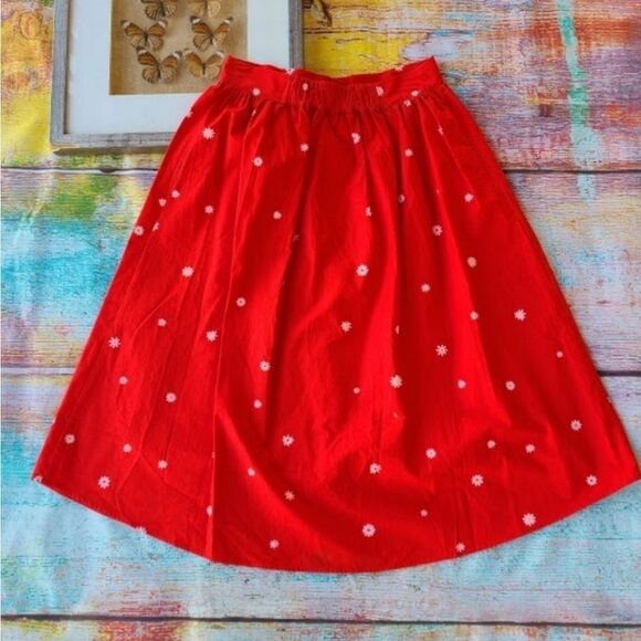 Ban.do Red Easy Button Up Daisy Floral A-line Pocket Cotton Midi Skirt S/M - Picture 7 of 9